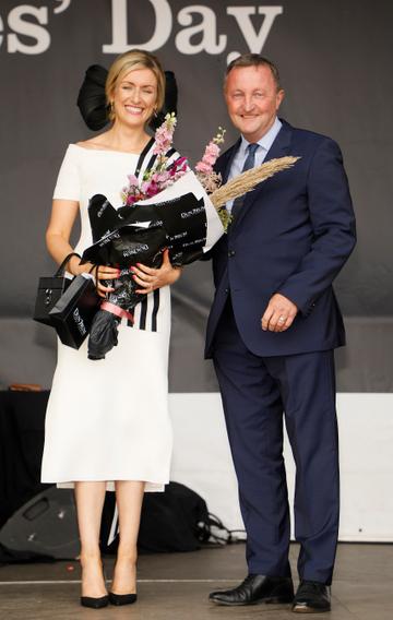 Anne Marie Dunning from Newbridge, Co. Kildare winner of Best Dressed Lady at Dundrum Town Centre Ladies' Day with Don Nugent at the Dublin Horse Show in the RDS, who walked away with a €10,000 gift card for Dundrum Town Centre. Photo: Kieran Harnett