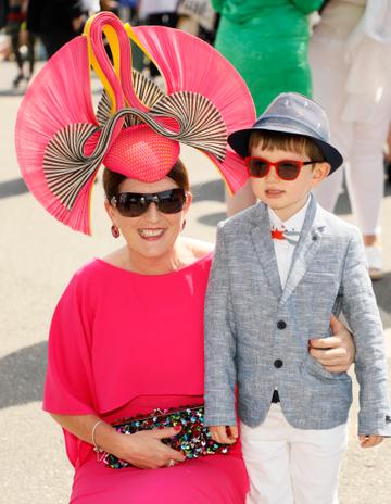 Kathleen Henry with her son James Wall at the Dundrum Town Centre Ladies' Day at the Dublin Horse Show in the RDS. Photo: Kieran Harnett