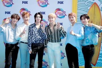 Shownu, Wonho, Minhyuk, Hyungwon, Joohoney, and I.M of Monsta X attend FOX's Teen Choice Awards 2019. (Photo by Rich Fury/Getty Images)