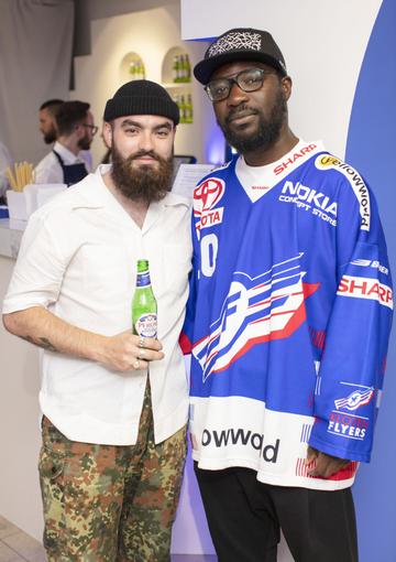 Jake McCabe & Timi Ogunyemi pictured at the launch of The House of Peroni, which is open at the RHA in Dublin until Sunday, 1st September 2019. This year’s residency sees the RHA transformed into a stylish Peroni inspired experience, filled with food, drink and design. www.thehouseofperoni.com Photo: Anthony Woods.