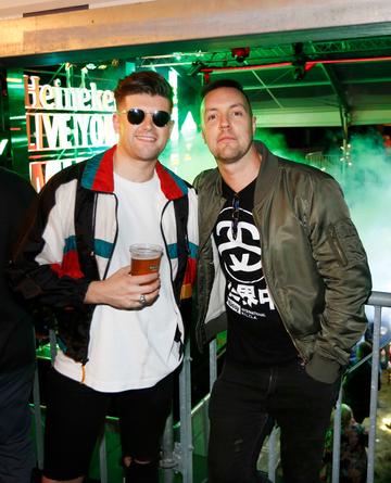 NO REPRO FEE 30/08/2019 Heineken Live Your Music Stage at Electric Picnic 2019. Pictured are (LtoR) Mark Dean Oliver and Davey b at the Heineken Live Your Music Stage at Electric Picnic 2019. This year’s area is an enormous structure on two levels, with a glass roof that will keep festival-goers dry but let them dance beneath the sun and stars! The immersive and interactive lightshow has been reimagined for 2019 which, combined with the state-of-the-art soundsystem, make Live Your Music the most impressive festival stage in the country. Photo: Sasko Lazarov/Phorocall Ireland