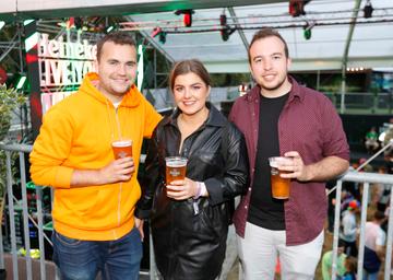 NO REPRO FEE 30/08/2019 Heineken Live Your Music Stage at Electric Picnic 2019. Pictured are (LtoR)  JP Kierans, Katie Gallagher and Mark Corcoran at the Heineken Live Your Music Stage at Electric Picnic 2019. This year’s area is an enormous structure on two levels, with a glass roof that will keep festival-goers dry but let them dance beneath the sun and stars! The immersive and interactive lightshow has been reimagined for 2019 which, combined with the state-of-the-art soundsystem, make Live Your Music the most impressive festival stage in the country. Photo: Sasko Lazarov/Phorocall Ireland