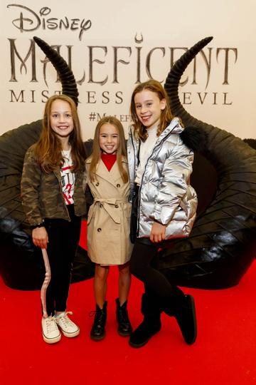 Molly Hughes (8) Jemima Whitty (9) and Cate Collenette (9) pictured at the special family preview screening of Disney’s MALEFICENT: MISTRESS OF EVIL, in the Odeon Point Village. Picture Andres Poveda