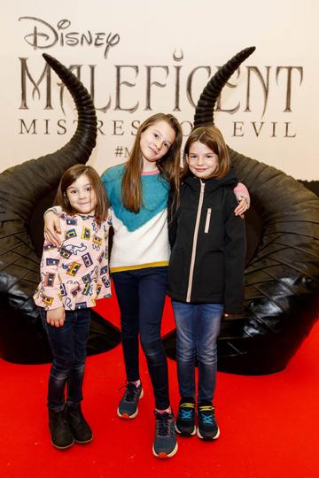 Audrey (5), Vivienne (9) Harriet Lee (8)pictured at the special family preview screening of Disney’s MALEFICENT: MISTRESS OF EVIL, in the Odeon Point Village. Picture Andres Poveda