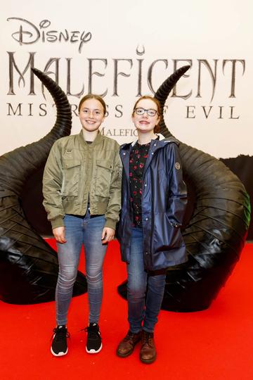 Cara Sexton (12) and Sadhbh Dunnion (11) pictured at the special family preview screening of Disney’s MALEFICENT: MISTRESS OF EVIL, in the Odeon Point Village. Picture Andres Poveda