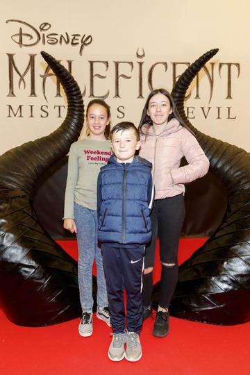 Holly (11) Jake (8) and Katy Burns (13) pictured at the special family preview screening of Disney’s MALEFICENT: MISTRESS OF EVIL, in the Odeon Point Village. Picture Andres Poveda