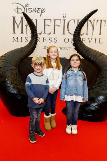 Lee (3) and Mia Eccles (5) with Sophie Vilan (6) pictured at the special family preview screening of Disney’s MALEFICENT: MISTRESS OF EVIL, in the Odeon Point Village. Picture Andres Poveda