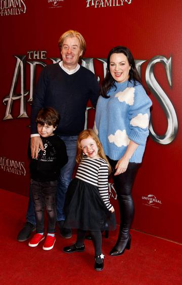 Triona McCarthy with husband William White and their children Max and Minnie pictured at a special preview screening of The Addams Family at the Light House Cinema, Dublin.  Picture: Andres Poveda