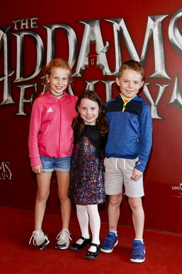 Arianna Lai (8), Sarah Gormley (5) and Tom Gormley (8) pictured at a special preview screening of The Addams Family at the Light House Cinema, Dublin.  Picture: Andres Poveda