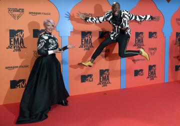TOPSHOT - US actor Terry Crews (C) poses on the red carpet upon his arrival to the MTV Europe Music Awards at the FIBES Conference and Exhibition Centre of Seville on November 3, 2019.  (Photo by CRISTINA QUICLER/AFP via Getty Images)