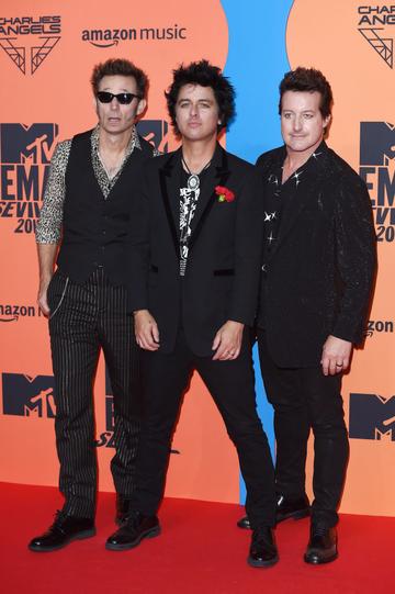 (L-R) Mike Dirnt, Billie Joe Armstrong and Tre Cool of Green Day attend the MTV EMAs 2019 at FIBES Conference and Exhibition Centre on November 03, 2019 in Seville, Spain. (Photo by Kate Green/Getty Images for MTV)