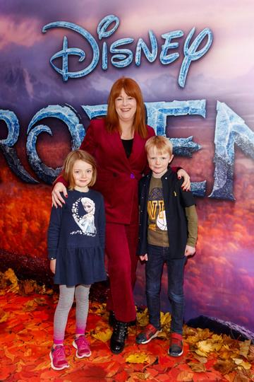 Blathnaid Ni Chafaigh with Eithne (6) and Eamonn Sheahan (8) pictured at the special preview screening of Disney’s “Frozen 2” at the Light House Cinema, Dublin. 
Picture Andres Poveda
