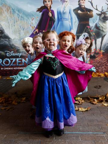 Little Elsa’s Molly Younger (4), Alanah Foran (4), Lauren Rose McDonald (4), Molly Smith (5) Keeelan Foley (5) Maddie Blake (6) waiting patiently for the doors to open at the special preview screening of Disney’s “Frozen 2” at the Light House Cinema, Dublin. 
Picture Andres Poveda
