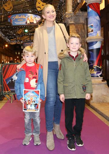 Pictured is Anna Daly with Euan and James Ward at the official opening of the Gaiety Theatre Christmas Panto, Aladdin. Aladdin opens at the Gaiety Theatre Sunday 24th November. Photo: Sasko Lazarov/Photocall Ireland