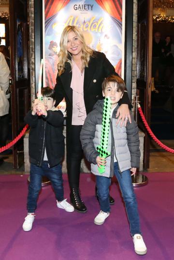 Pictured are (LtoR) Laura Woods with her sons Mark and Ben at the official opening of the Gaiety Theatre Christmas Panto, Aladdin. Aladdin opens at the Gaiety Theatre Sunday 24th November. Photo: Sasko Lazarov/Photocall Ireland