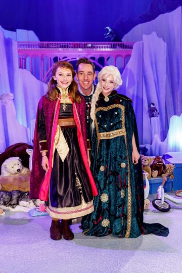 Ryan Tubridy with ANNA aka Cleo Griffin (13) from Nenagh Co Tipperary and ELSA aka Anna Kearney (13) from Foxrock Co Dublin and children from the Spotlight stage school at the set reveal for The Late Late Toy Show 2019 which will take place on Friday 29th November at 9:35pm on RTÉ One. Picture: Andres Poveda