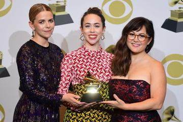 (From L) Aoife O'Donovan, Sarah Jarosz and Sara Watkins of Im With Her, pose in the press room with the award for Best American Roots Song for "Call My Name" during the 62nd Annual Grammy Awards on January 26, 2020, in Los Angeles. (Photo by FREDERIC J. BROWN / AFP) (Photo by FREDERIC J. BROWN/AFP via Getty Images)