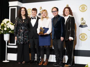 (L-R) Mara Isaacs, Todd Sickafoose, Anais Mitchell and David Lai pose in the press room with the award for Best Musical Theater Album during the 62nd Annual GRAMMY Awards at Staples Center on January 26, 2020 in Los Angeles, California. (Photo by Rachel Luna/FilmMagic)