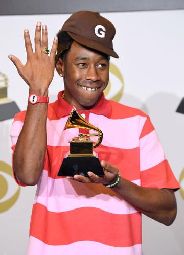 Tyler the Creator poses in the press room with the award for Best Rap Album for "Igor" during the 62nd Annual GRAMMY Awards at Staples Center on January 26, 2020 in Los Angeles, California. (Photo by Steve Granitz/WireImage)