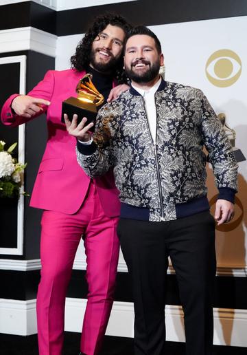 (L-R) Dan Smyers and Shay Mooney of Dan + Shay, winner of Best Country Duo/Group Performance for "Speechless" pose in the press room during the 62nd Annual GRAMMY Awards at Staples Center on January 26, 2020 in Los Angeles, California. (Photo by Rachel Luna/FilmMagic)