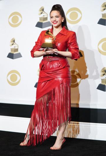 Rosalia poses with the award for Best Latin Rock, Urban or Alternative Album for "El Mal Querer" in the press room during the 62nd Annual GRAMMY Awards at Staples Center on January 26, 2020 in Los Angeles, California. (Photo by Rachel Luna/FilmMagic)