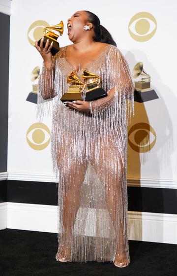 Lizzo, winner of Best Pop Solo Performance, Best Traditional R&B Performance and Best Urban Contemporary Album, poses in the press room during the 62nd Annual GRAMMY Awards at Staples Center on January 26, 2020 in Los Angeles, California. (Photo by Rachel Luna/FilmMagic)