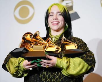 Billie Eilish, winner of Record of the Year for "Bad Guy", Album of the Year for "when we all fall asleep, where do we go?", Song of the Year for "Bad Guy", Best New Artist and Best Pop Vocal Album for "when we all fall asleep, where do we go?", poses in the press room during the 62nd Annual GRAMMY Awards at Staples Center on January 26, 2020 in Los Angeles, California. (Photo by Rachel Luna/FilmMagic)