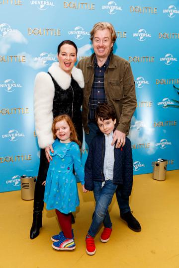 Triona McCarthy with Will White with kids Mini and Max pictured at the Universal Pictures special preview screening of Dolittle at Odeon Point Square, Dublin. 