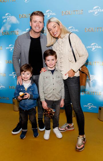 Brian Ormond and Pippa O'Connor with kids Louis and Ollie pictured at the Universal Pictures special preview screening of Dolittle at Odeon Point Square, Dublin. 