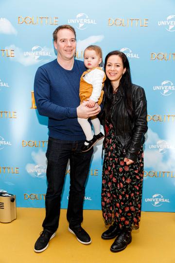 Dominic Holmes, Matilda (1) and Michelle Davis pictured at the Universal Pictures special preview screening of Dolittle at Odeon Point Square, Dublin. 