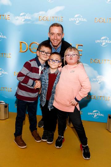 Dave McAsey with Anthony (7), Cillian (6) and Saoirse (12) pictured at the Universal Pictures special preview screening of Dolittle at Odeon Point Square, Dublin. 