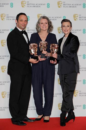 (L to R)  Mark Jenkin, Linn Waite and Kate Byers, winners of Outstanding Debut By A British Writer, Director or Producer for "Bait", pose in the Winners Room at the EE British Academy Film Awards 2020 at Royal Albert Hall on February 2, 2020 in London, England. (Photo by David M. Benett/Dave Benett/Getty Images)