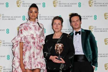 Ella Balinska, Jacqueline Durran, winner of Best Costume Design for "Little Women", and Andrew Scott pose in the Winners Room at the EE British Academy Film Awards 2020 at Royal Albert Hall on February 2, 2020 in London, England. (Photo by David M. Benett/Dave Benett/Getty Images)