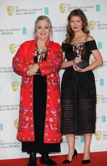 Carol Dysinger and Elena Andreicheva, winners of the Best British Short Film award for "Learning to Skateboard in a Warzone (If You're a Girl)", pose in the Winners Room at the EE British Academy Film Awards 2020 at Royal Albert Hall on February 2, 2020 in London, England. (Photo by David M. Benett/Dave Benett/Getty Images)