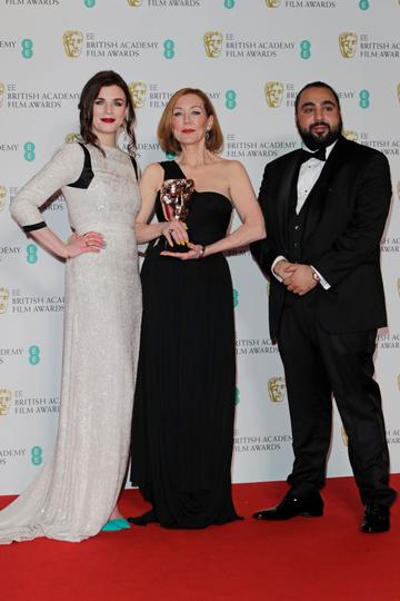 (L to R)  Aisling Bea, Anne Morgan, winner of Best Make-Up and Hair for "Bombshell", and Asim Chaudhry aka Chabuddy G pose in the Winners Room at the EE British Academy Film Awards 2020 at Royal Albert Hall on February 2, 2020 in London, England. (Photo by David M. Benett/Dave Benett/Getty Images)