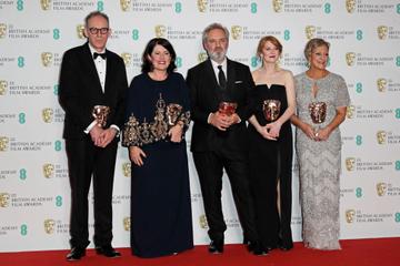 (L to R)  Callum McDougall, Dame Pippa Harris, Sir Sam Mendes, Krysty Wilson-Cairns and Jayne-Ann Tenggren, winners of the Outstanding British Film award for "1917", pose in the Winners Room at the EE British Academy Film Awards 2020 at Royal Albert Hall on February 2, 2020 in London, England. (Photo by David M. Benett/Dave Benett/Getty Images)
