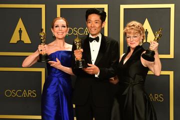 US-Japanese makeup artist Kazu Hiro (C), US hair stylist Anne Morgan (L) and US makeup artist Vivian Baker pose in the press room with the Oscar for Best Makeup and Hairstyling for "Bombshell" during the 92nd Oscars at the Dolby Theater in Hollywood, California on February 9, 2020. (Photo by FREDERIC J. BROWN / AFP) (Photo by FREDERIC J. BROWN/AFP via Getty Images)