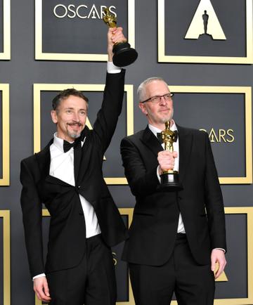 Sound editors Mark Taylor and Stuart Wilson, winners of the Sound Mixing award for “1917,” pose in the press room during the 92nd Annual Academy Awards at Hollywood and Highland on February 09, 2020 in Hollywood, California. (Photo by Amy Sussman/Getty Images)