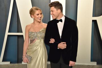 Scarlett Johansson and Colin Jost attend the 2020 Vanity Fair Oscar Party at Wallis Annenberg Center for the Performing Arts on February 09, 2020 in Beverly Hills, California. (Photo by David Crotty/Patrick McMullan via Getty Images)