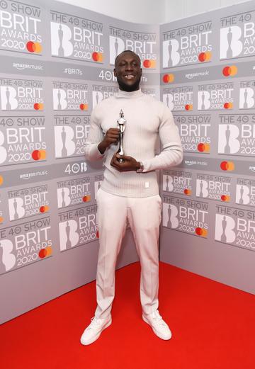 Stormzy, winner of Male Solo Artist, poses in the winners room at The BRIT Awards 2020 at The O2 Arena on February 18, 2020 in London, England.  (Photo by David M. Benett/Dave Benett/Getty Images)