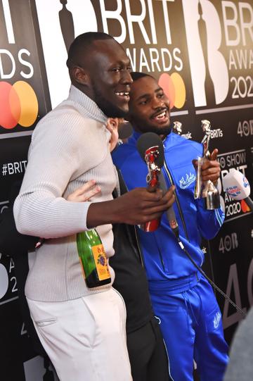 (L to R) Lewis Capaldi, winner of the Best New Artist and Song Of The Year awards, Stormzy, winner of the Male Solo Artist award, and Dave, winner of the Mastercard Album Of The Year award, pose in the winners room at The BRIT Awards 2020 at The O2 Arena on February 18, 2020 in London, England.  (Photo by David M. Benett/Dave Benett/Getty Images)