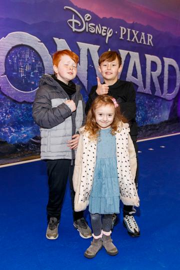 Harry Nolan (10), Felix Kehoe (10) and Azuere Kehoe (5) pictured at the special preview screening of Disney Pixar's Onwards in the Odeon Point Village. 
Picture: Andres Poveda
