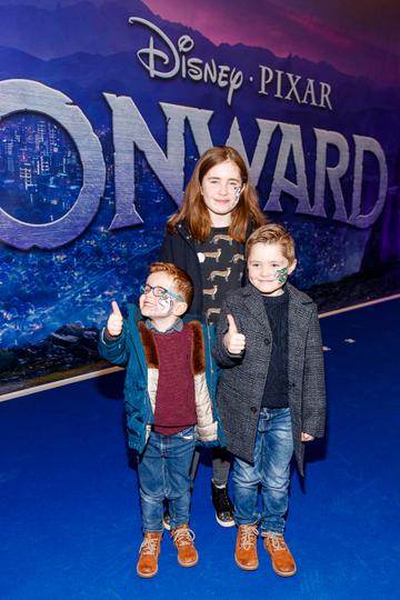 Cian O'Brien , Finn O'Brien and Sadhbh Finn pictured at the special preview screening of Disney Pixar's Onwards in the Odeon Point Village. 
Picture: Andres Poveda
