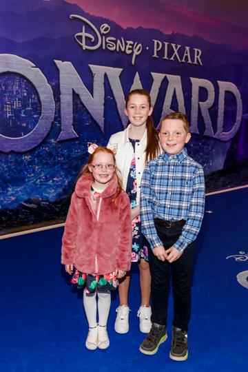 Ellie (6), Kate (12) and Mathew Mullens (10) from Galway pictured at the special preview screening of Disney Pixar's Onwards in the Odeon Point Village. 
Picture: Andres Poveda
