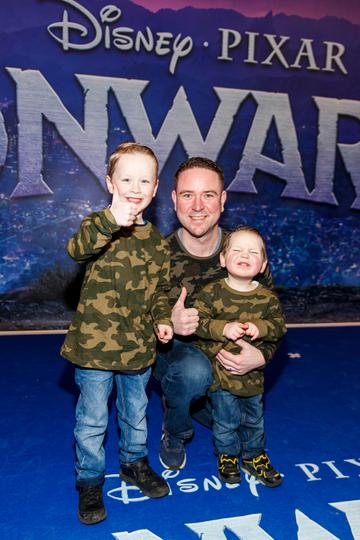 Leon Stafford with Blaze (6) and Maverick (3) pictured at the special preview screening of Disney Pixar's Onwards in the Odeon Point Village. 
Picture: Andres Poveda
