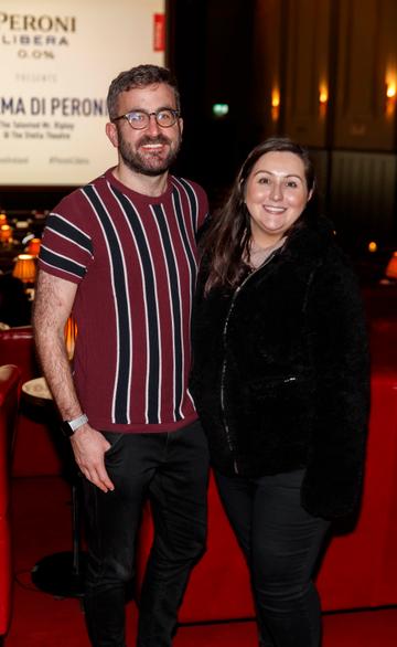 Patrick Kavanagh and Laura Denning at the launch of Cinema di Peroni, celebrating Italy in the movies, and the latest addition to its portfolio Peroni Libera 0.0%. Cinema di Peroni Dublin took place at The Stella Cinema in Rathmines, screening the award nominated The Talented Mr. Ripley. Picture: Andres Poveda