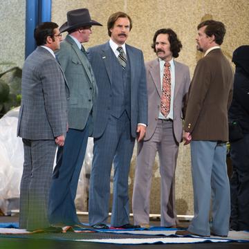 2013:  (L-R) Actors Steve Carell, David Koechner, Will Ferrell, Paul Rudd and Dylan Baker filming on location for 'Anchorman: The Legend Continues' on May 20, 2013 in New York City.  (Photo by Michael Stewart/WireImage)
