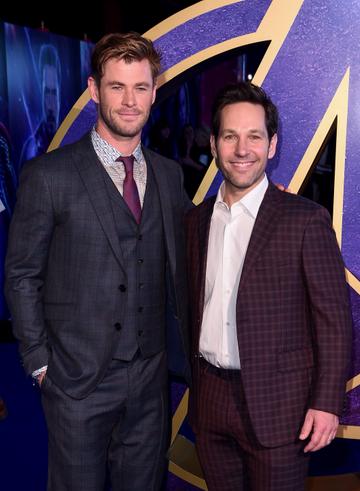 2019:  (L-R)  Chris Hemsworth and Paul Rudd attend the UK Fan Event to celebrate the release of Marvel Studios' "Avengers: Endgame" at Picturehouse Central on April 10, 2019 in London, England. (Photo by Eamonn M. McCormack/Getty Images for Disney)