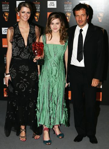 Actress Emma Watson (C), with the award for Film of the Year - "Harry Potter and the Prisoner of Azkaban," poses in the Awards Room with actress Mischa Barton (L) and producer David Heyman during the Orange British Academy Film Awards 2005 at the Odeon Leicester Square on February 12, 2005 in London.  (Photo by Gareth Cattermole/Getty Images)