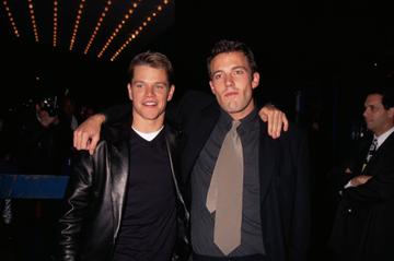 1997: Matt Damon and Ben Affleck at the premiere of "Good Will Hunting" at the Ziegfeld Theater.   (Photo by Mitchell Gerber/Corbis/VCG via Getty Images)